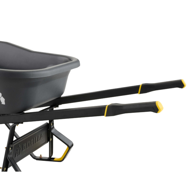 Gray Gorilla Made wheelbarrow with black handles and yellow accents, logo visible.