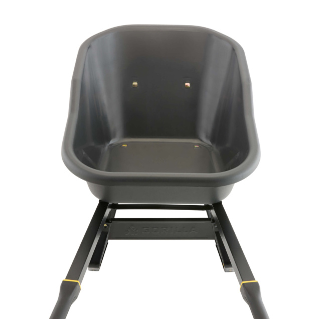 Black Gorilla wheelbarrow front view. Robust design for utility tasks.