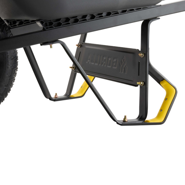 Close-up of Gorilla Made cart frame showing sturdy black metal and yellow accents.