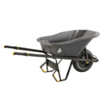 Heavy-duty gray wheelbarrow with black frame and single black wheel, featuring Gorilla Made logo.