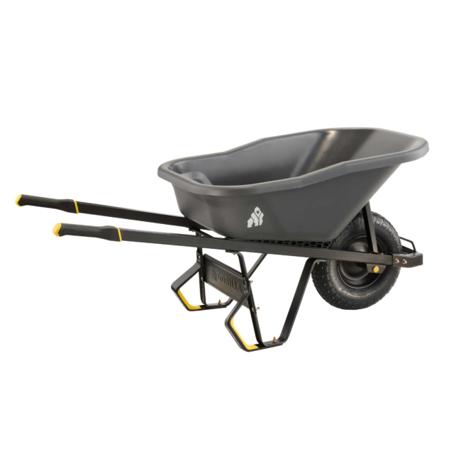 Heavy-duty gray wheelbarrow with black frame and single black wheel, featuring Gorilla Made logo.