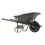 Black and yellow wheelbarrow with sturdy tire and "ALUMAGR" text on frame.