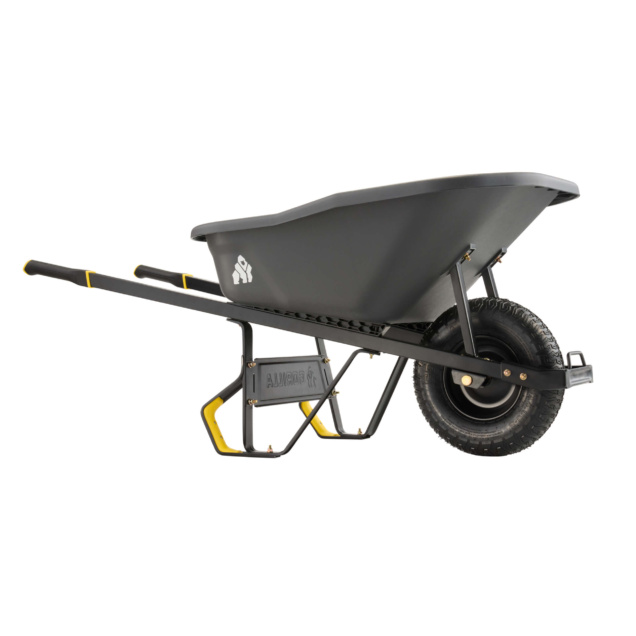 Black and yellow wheelbarrow with sturdy tire and "ALUMAGR" text on frame.