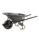 Gray wheelbarrow with black metal frame, single tire, and "Gorilla" text.