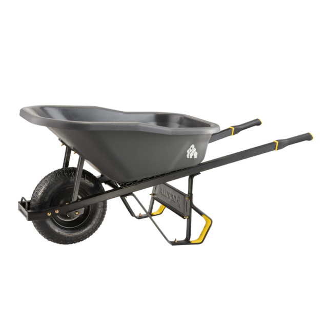 Gray wheelbarrow with black metal frame, single tire, and "Gorilla" text.