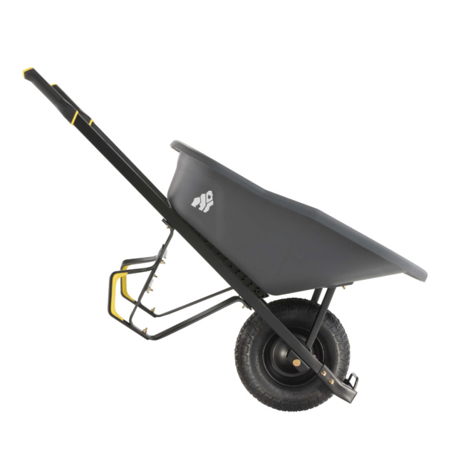 Black Gorilla Made wheelbarrow with single wheel and yellow accents, side view.