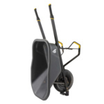 Heavy-duty Gorilla Made wheelbarrow with black frame and yellow accents, side view.