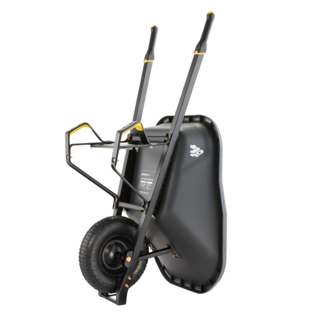Black wheelbarrow with yellow accents, Gorilla Made logo visible on the side.