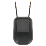 Black plastic wheelbarrow top view, two handles with yellow tips, Gorilla Made.