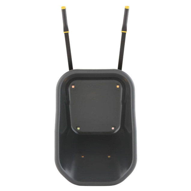 Black plastic wheelbarrow top view, two handles with yellow tips, Gorilla Made.