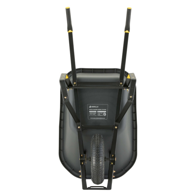 Black Gorilla Made wheelbarrow with yellow accents, black wheel, and label text.