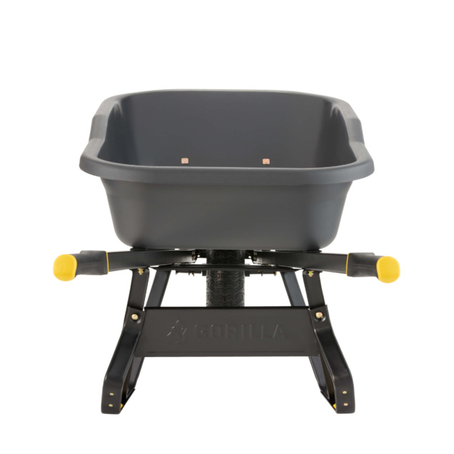 Gray Gorilla Made wheelbarrow with yellow handles, designed for heavy-duty tasks.