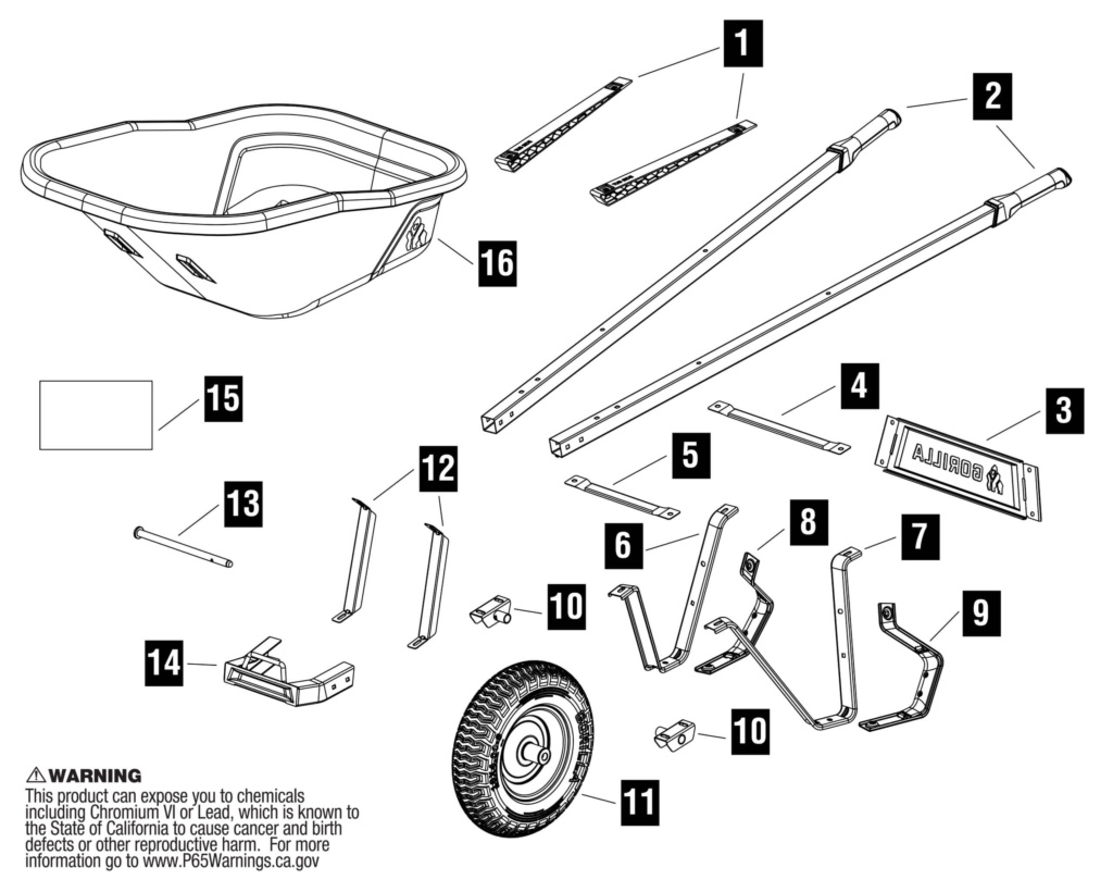 Exploded diagram of a Gorilla Made utility cart, parts labeled with numbers. Warning text present.