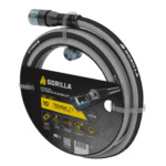 Gorilla Made 10-foot Tough Lite garden hose in gray and black, engineered for flexibility.