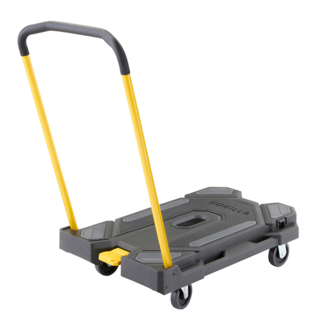 Heavy-duty Gorilla hand truck with yellow handle and gray platform labeled "GORILLA."