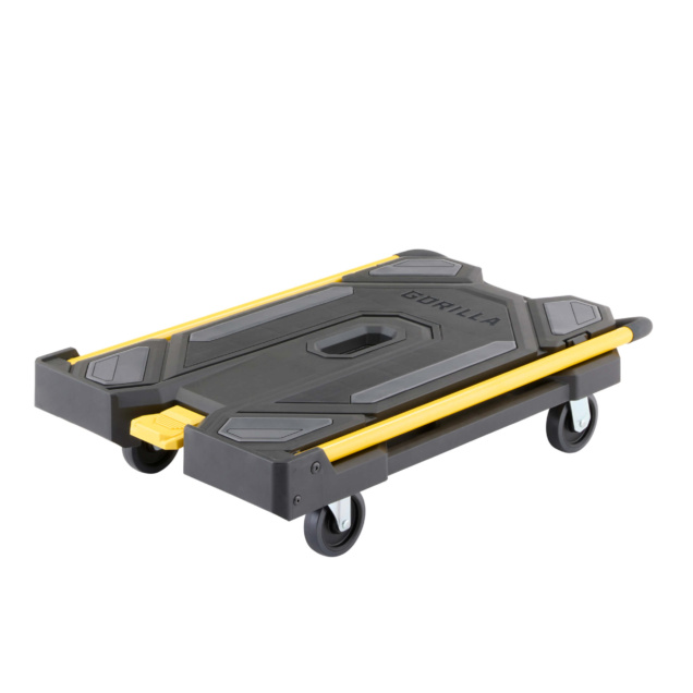 Black and yellow Gorilla utility cart with wheels, text "GORILLA" on surface.