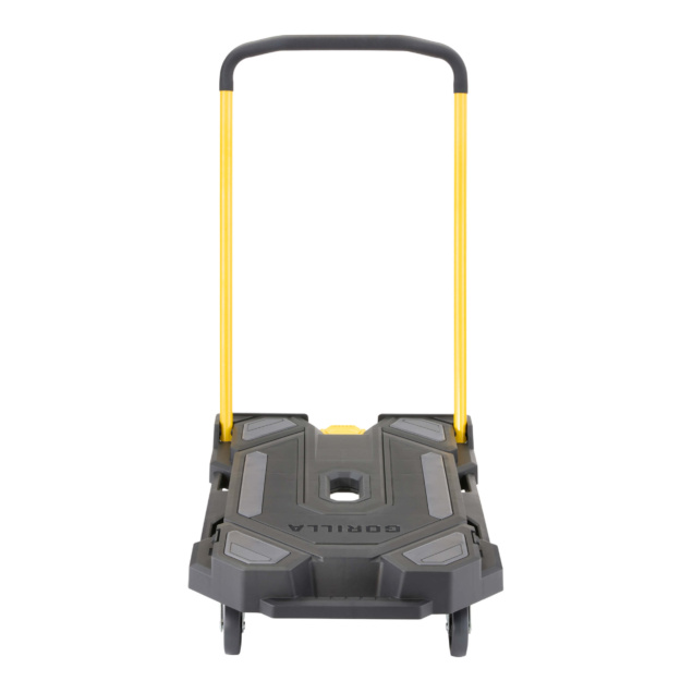 Gorilla Made heavy-duty cart with yellow handle and black platform, text "GORILLA".