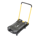 Black utility cart with yellow handles, labeled "GORILLA," on wheels.