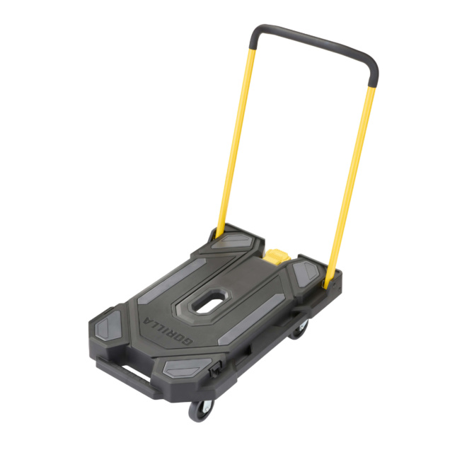 Black utility cart with yellow handles, labeled "GORILLA," on wheels.