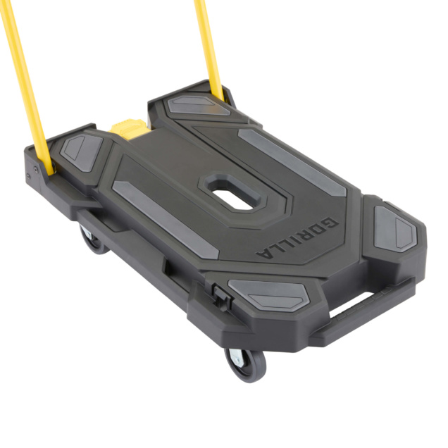 Black Gorilla hand truck with yellow handles and wheels, text "GORILLA" visible.
