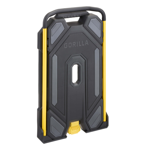 A folded Gorilla Made hand truck in black and yellow; text: "GORILLA".