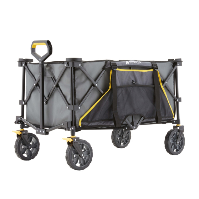 Gray and black Gorilla Made utility cart with yellow accents and large wheels.