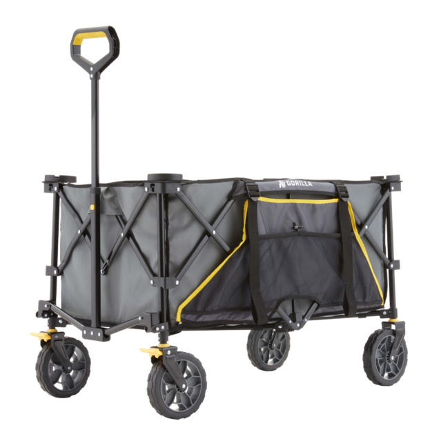 Foldable cart in gray with black and yellow accents, labeled "Gorilla Made".