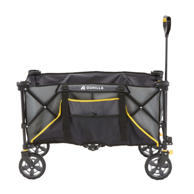 Black and gray folding utility wagon with yellow accents, labeled "GORILLA".
