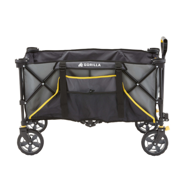Black and yellow Gorilla Made cart with large wheels and "GORILLA" printed on the side.