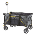 Black collapsible Gorilla cart with yellow trim, sturdy wheels, and handle.
