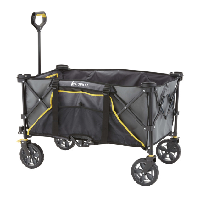 Black collapsible Gorilla cart with yellow trim, sturdy wheels, and handle.
