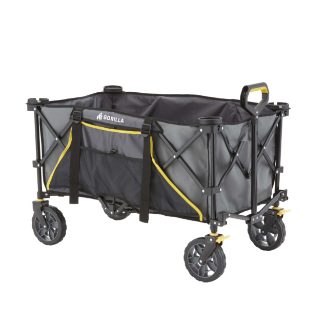 Gorilla Made folding cart with black and yellow frame, labeled 'GORILLA'.