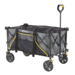 Heavy-duty black utility cart by Gorilla Made, with four wheels and a pull handle.