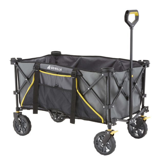 Heavy-duty black utility cart by Gorilla Made, with four wheels and a pull handle.