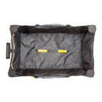 Top view of a black Gorilla Made cart with yellow accents and wheels.