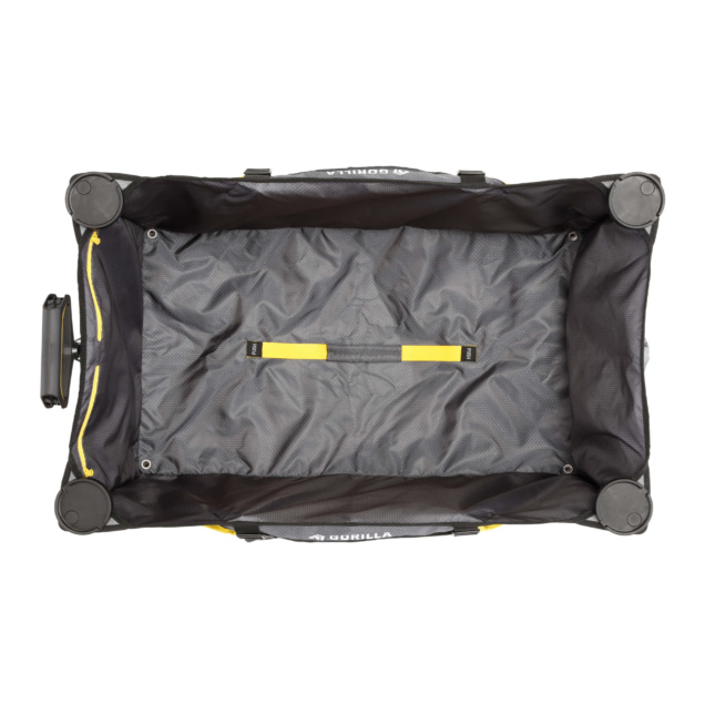 Top view of a black Gorilla Made cart with yellow accents and wheels.
