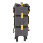Folded Gorilla Made utility cart, gray with yellow handle straps, showing wheels.