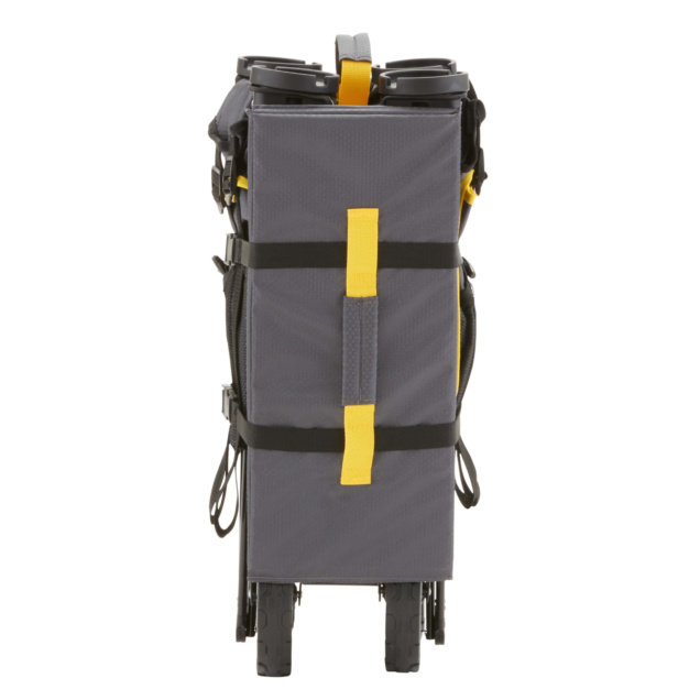Folded Gorilla Made utility cart, gray with yellow handle straps, showing wheels.