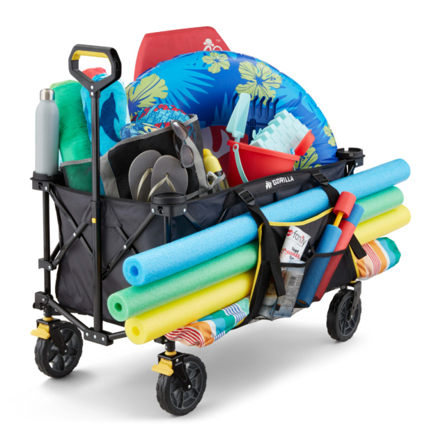 Black Gorilla cart filled with beach gear, pool noodles, and a floral float.