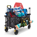 Black Gorilla Made utility cart filled with beach gear, life vests, and towels.