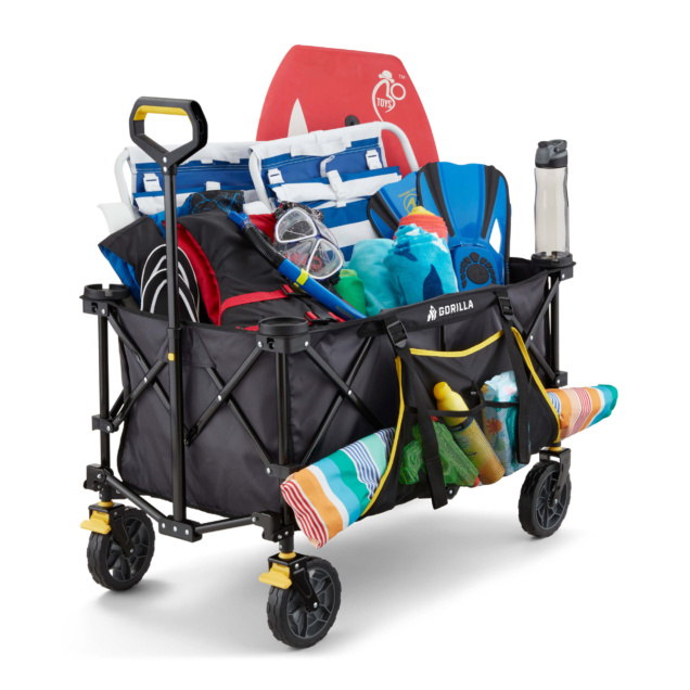 Black Gorilla Made utility cart filled with beach gear, life vests, and towels.