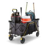Heavy-duty black utility cart by Gorilla, loaded with sports gear and cooler.