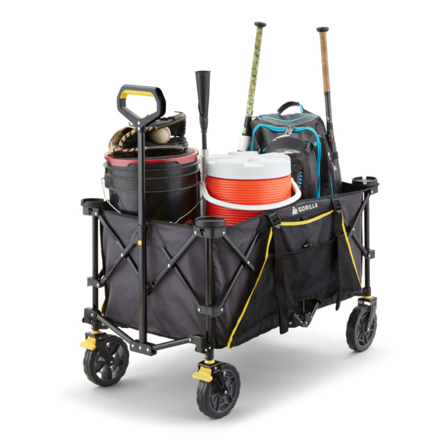Heavy-duty black utility cart by Gorilla, loaded with sports gear and cooler.