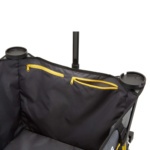Black utility cart with yellow zippers and built-in cup holders.