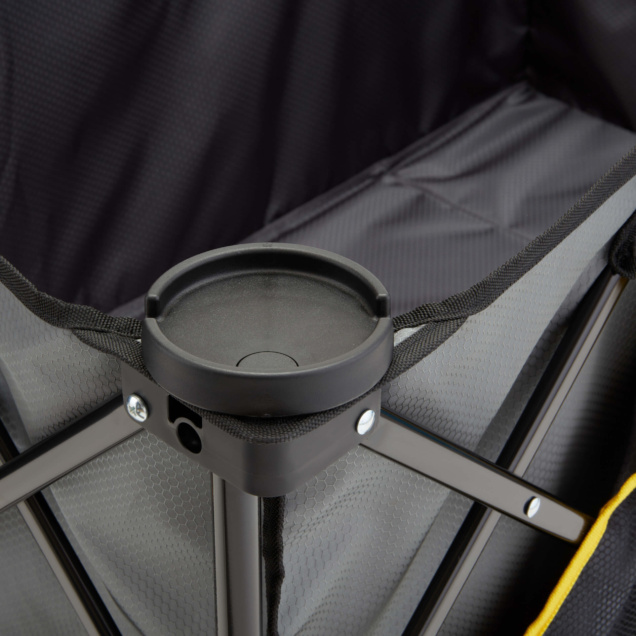 Close-up of a Gorilla Made heavy-duty cart with black cup holder and gray fabric.