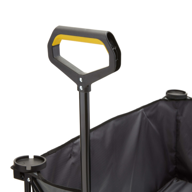 Black cart handle with yellow accent on a Gorilla Made heavy-duty utility cart.