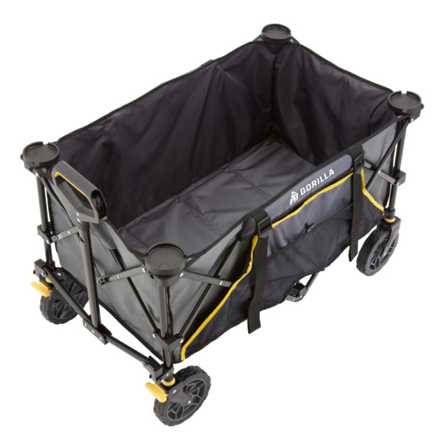 Gorilla Made black utility cart with yellow accents and sturdy wheels.