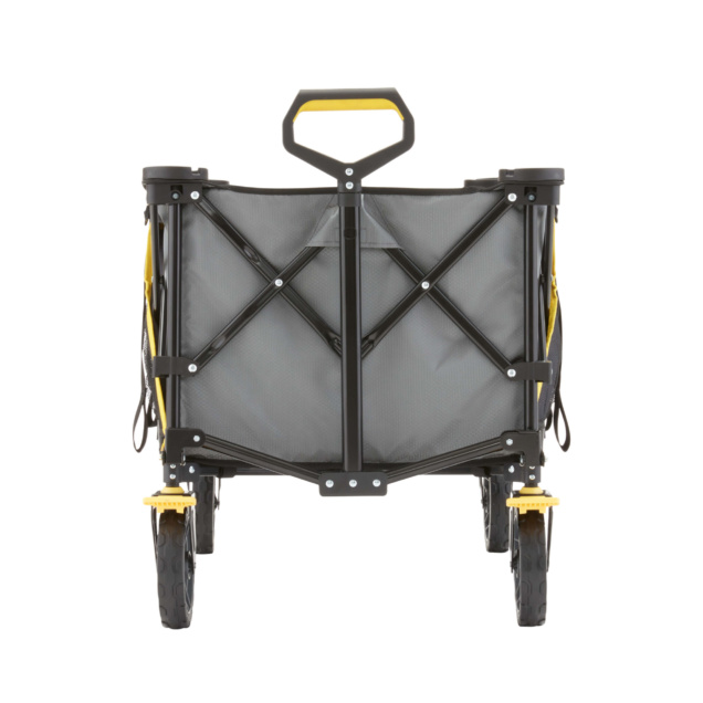 Gray Gorilla Made folding cart with black frame, yellow handle, and sturdy wheels.