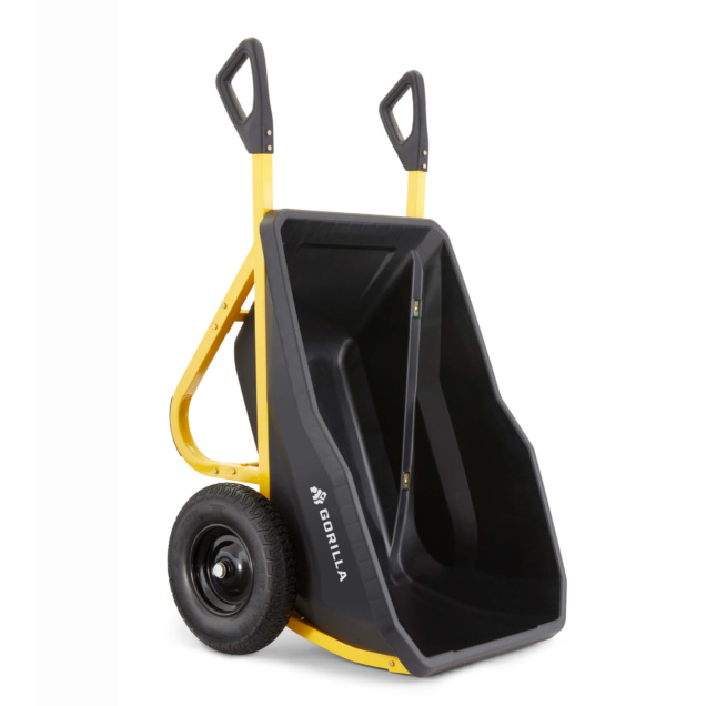 Heavy-duty black and yellow cart by Gorilla, with ergonomic handles.