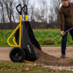 Gorilla Made heavy-duty cart with yellow handles, shoveling dirt.